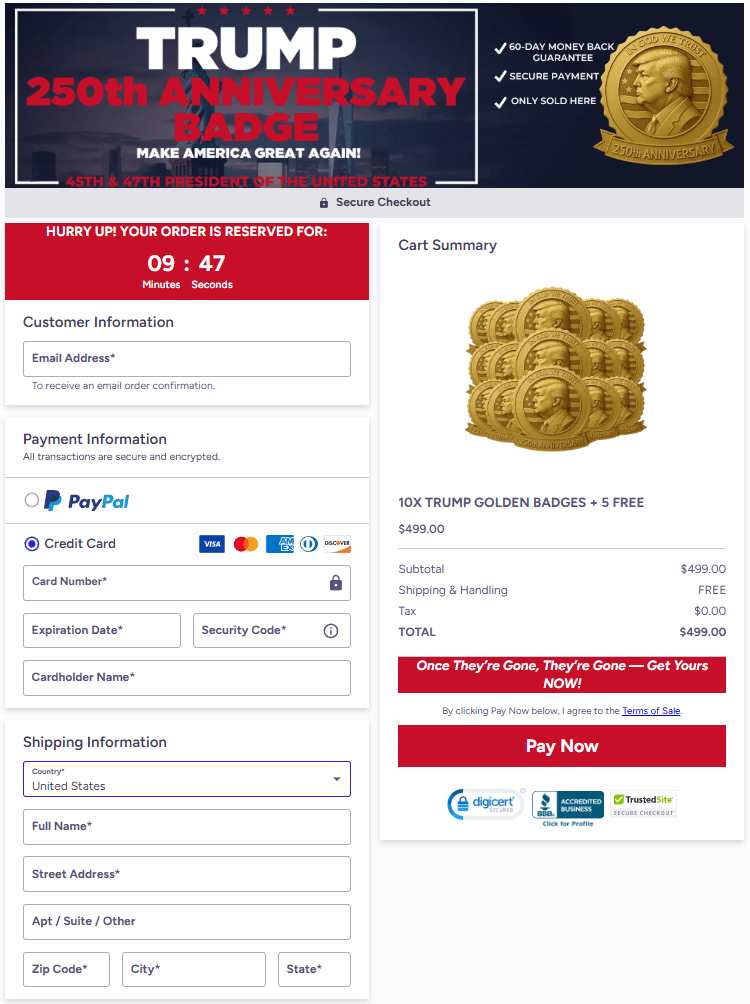 Trump Golden Badge order page